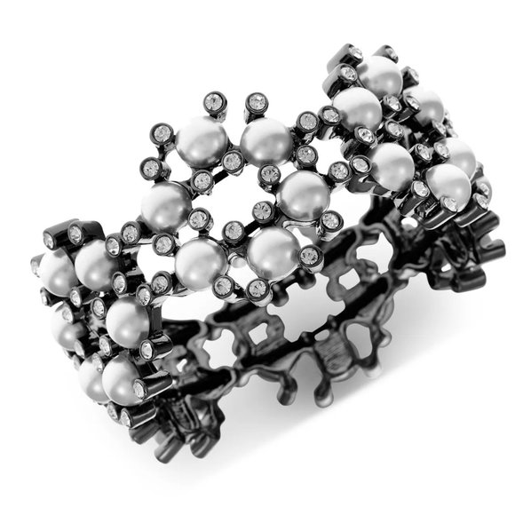Alfani Hematite-Tone Crystal & Imitation Pearl Stretch Bracelet - Picture 1 of 1